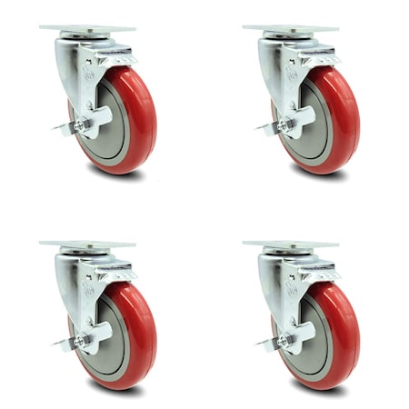 Service Caster 5 Inch Red Polyurethane Wheel Swivel Top Plate Caster Set with Brake SCC SCC-20S514-PPUB-RED-TLB-TP3-4